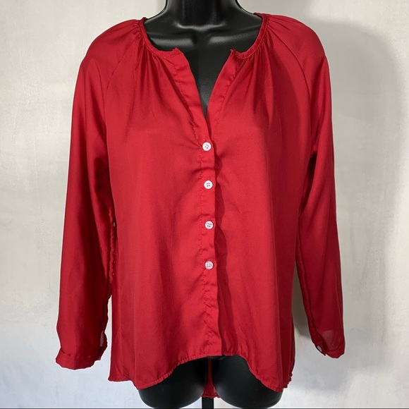 Red Basic Button Down Blouse - Picture 2 of 5